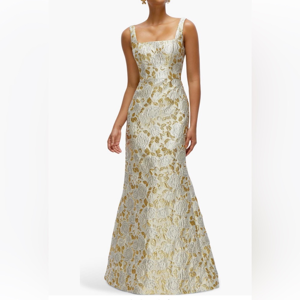 Dessy Collection Metallic Gold and Silver Floral Jacquard Maxi Dress - Picture 2 of 10